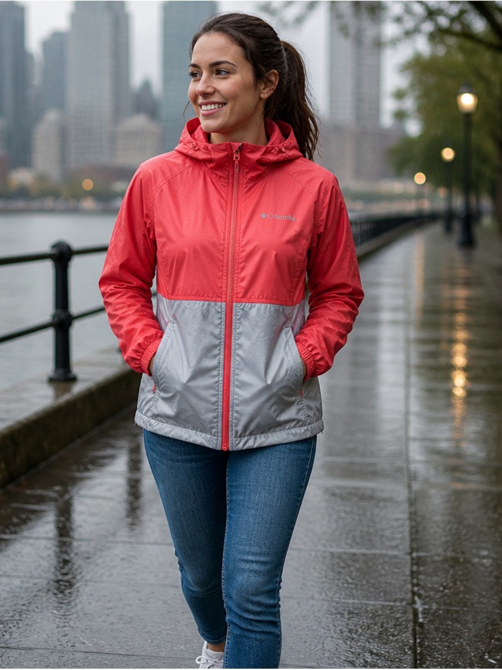 Columbia Women Flash Forward Windbreaker Jacket Size L Red-Coral/Gray NWOT